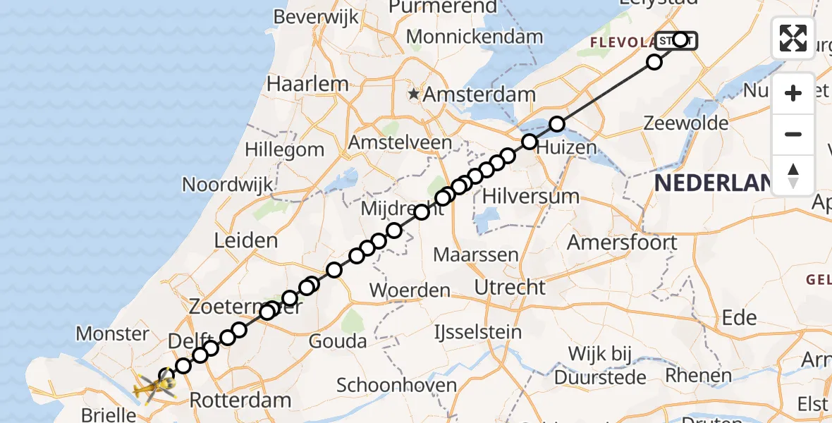 Vluchtroute Traumahelikopter van Lelystad Airport naar Maasland