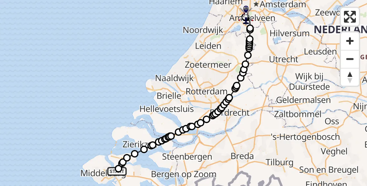 Vluchtroute Politiehelikopter van Vliegveld Midden-Zeeland naar Amsterdam Vliegveld Schiphol