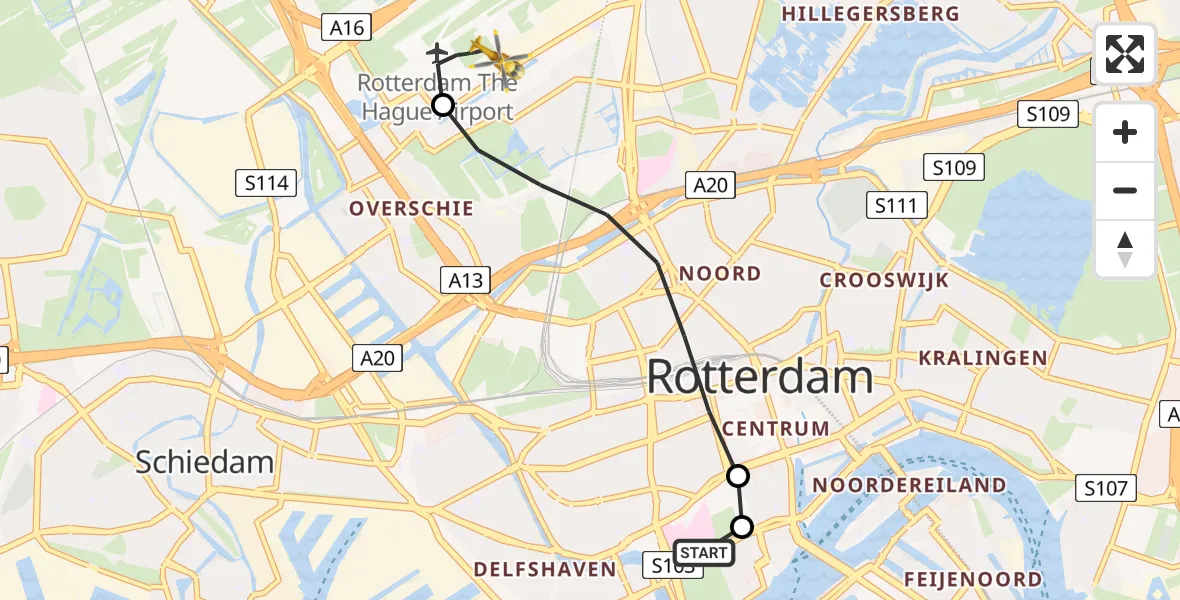 Vluchtroute Traumahelikopter van Erasmus MC naar Rotterdam The Hague Airport