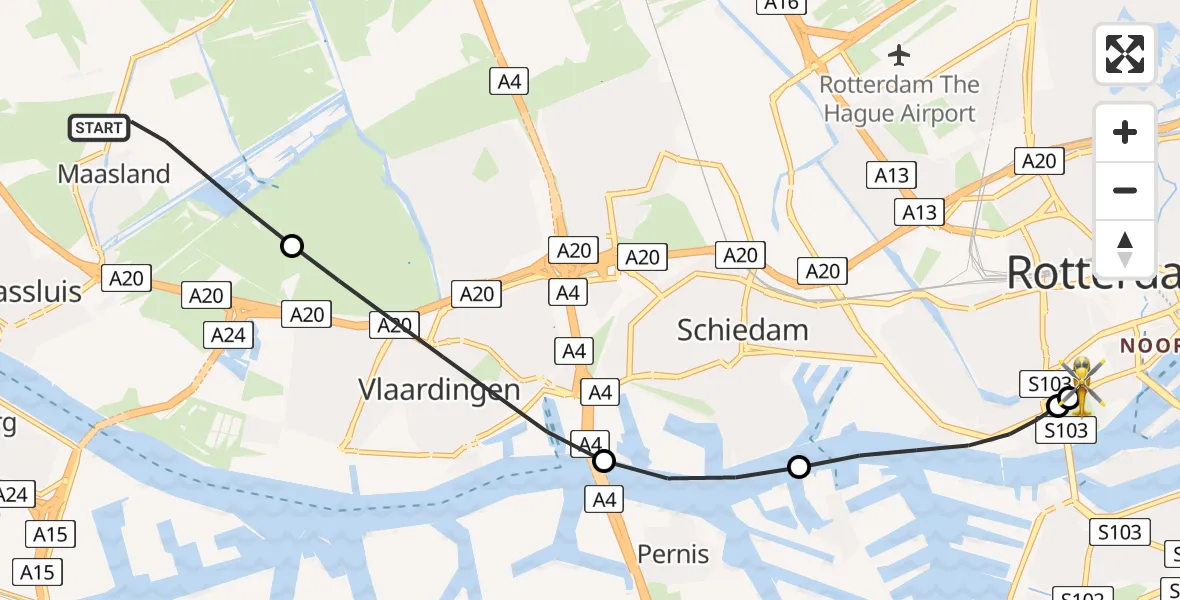 Vluchtroute Traumahelikopter van Maasland naar Erasmus MC