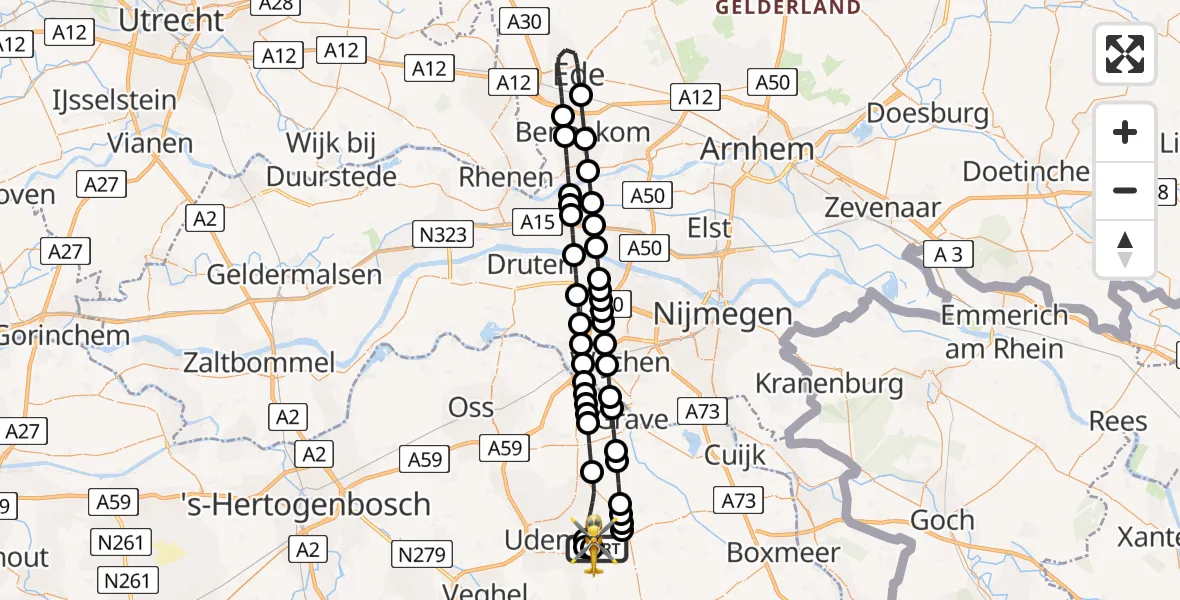 Vluchtroute Traumahelikopter van Vliegbasis Volkel naar Vliegbasis Volkel