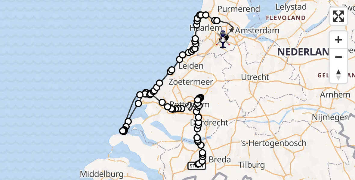 Vluchtroute Politiehelikopter van Breda International Airport naar Amsterdam Vliegveld Schiphol