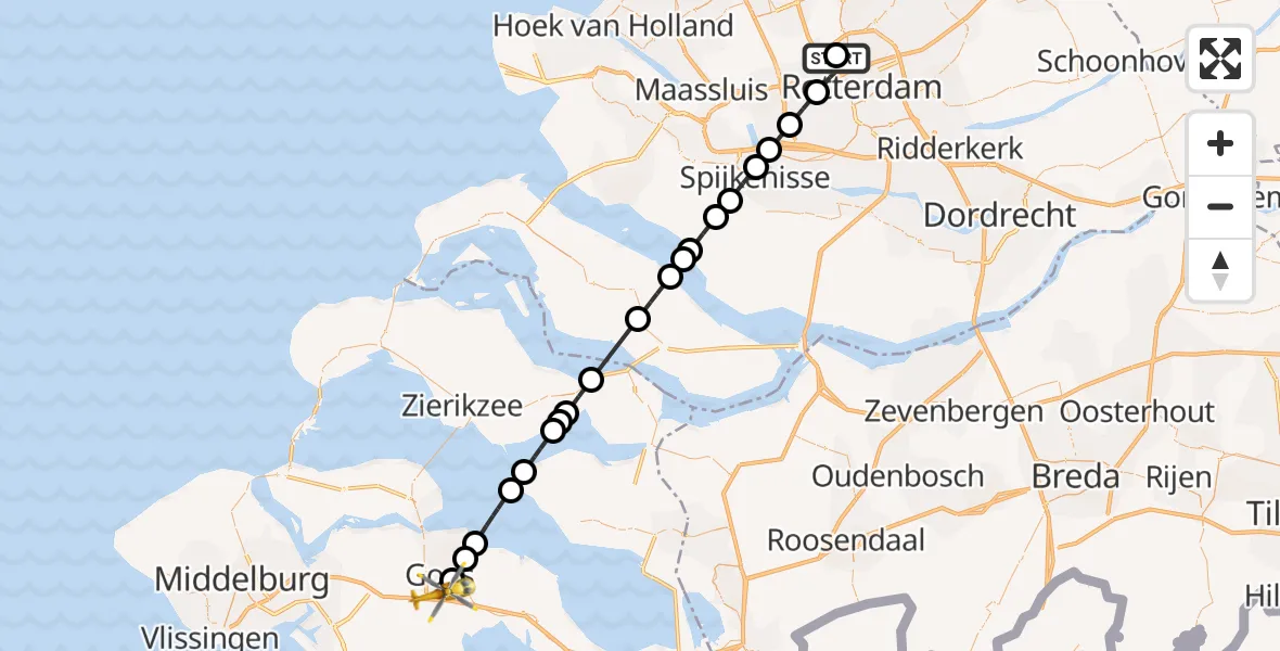 Vluchtroute Traumahelikopter van Rotterdam The Hague Airport naar Goes