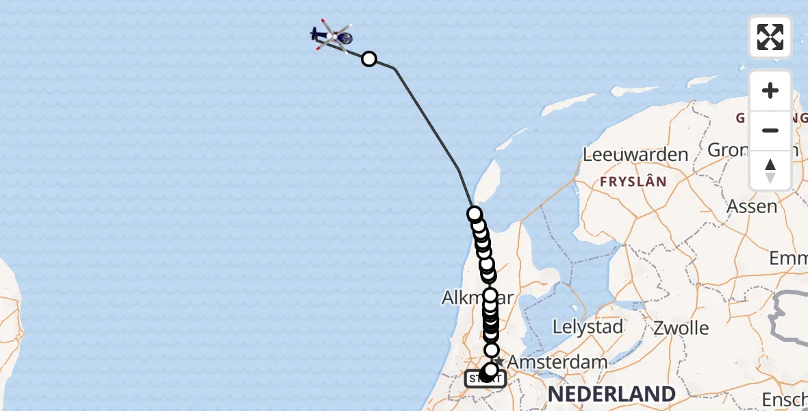 Vluchtroute Politiehelikopter van Amsterdam Vliegveld Schiphol naar North Sea
