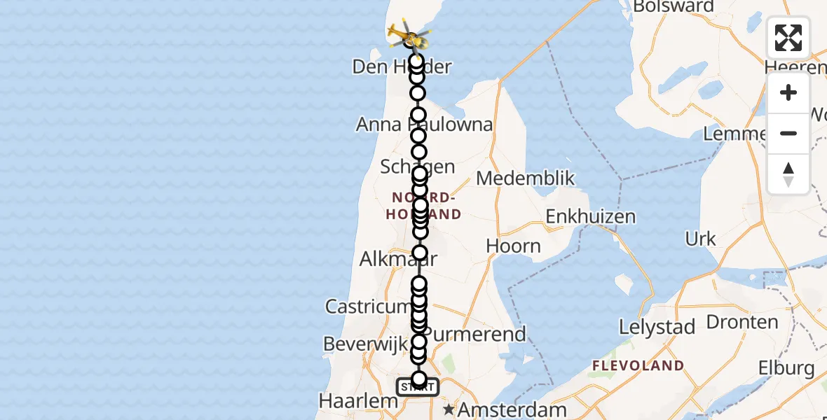 Vluchtroute Traumahelikopter van Amsterdam Heliport naar Den Hoorn