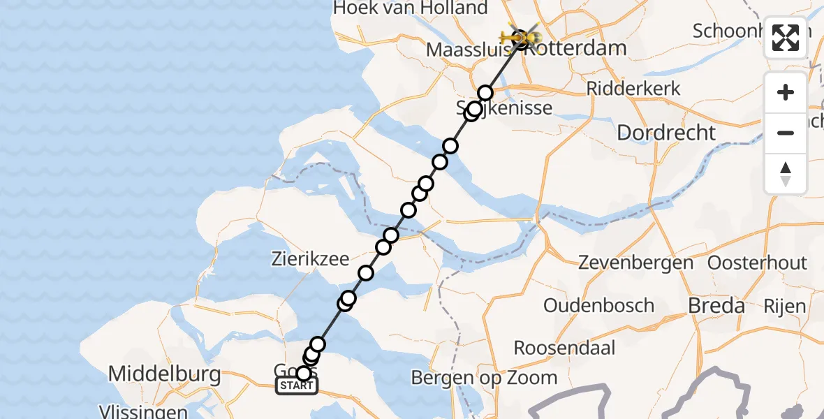 Vluchtroute Traumahelikopter van Goes naar Schiedam