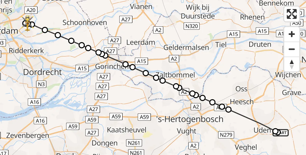 Vluchtroute Traumahelikopter van Vliegbasis Volkel naar Capelle aan den IJssel