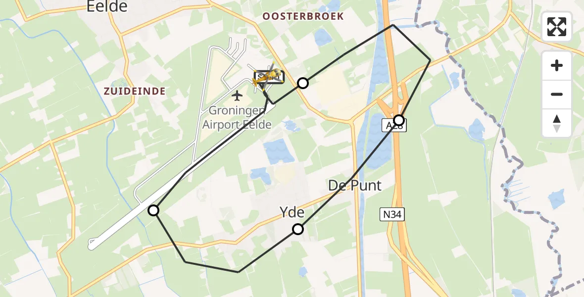 Vluchtroute Traumahelikopter van Groningen Airport Eelde naar Groningen Airport Eelde