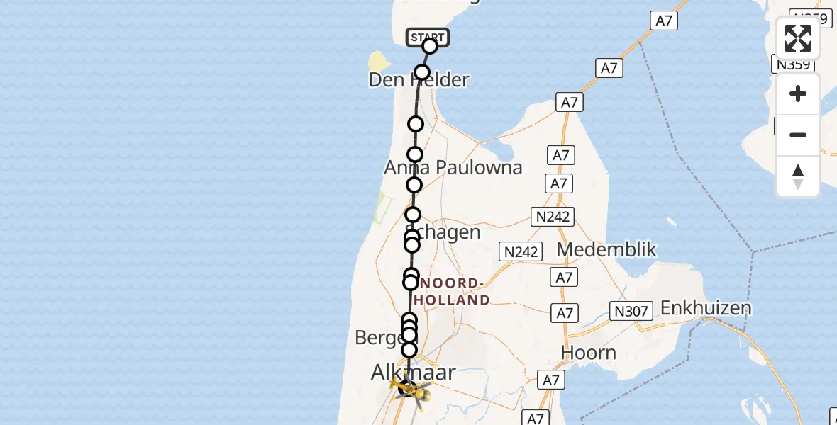 Vluchtroute Ambulancehelikopter van Den Hoorn naar Alkmaar