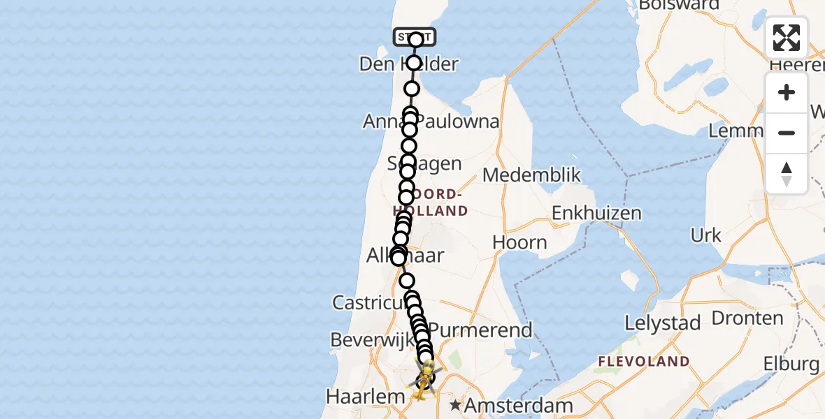Vluchtroute Traumahelikopter van Den Hoorn naar Amsterdam Heliport