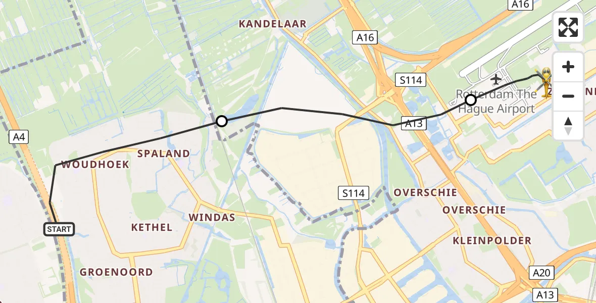 Vluchtroute Traumahelikopter van Schiedam naar Rotterdam The Hague Airport