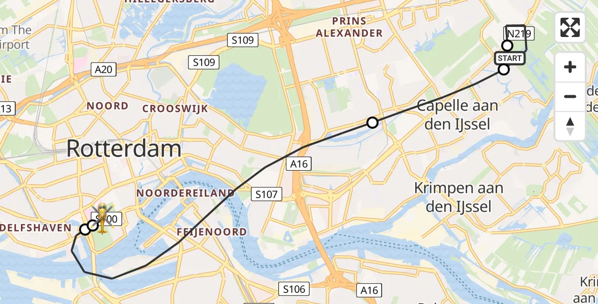 Vluchtroute Traumahelikopter van Capelle aan den IJssel naar Erasmus MC