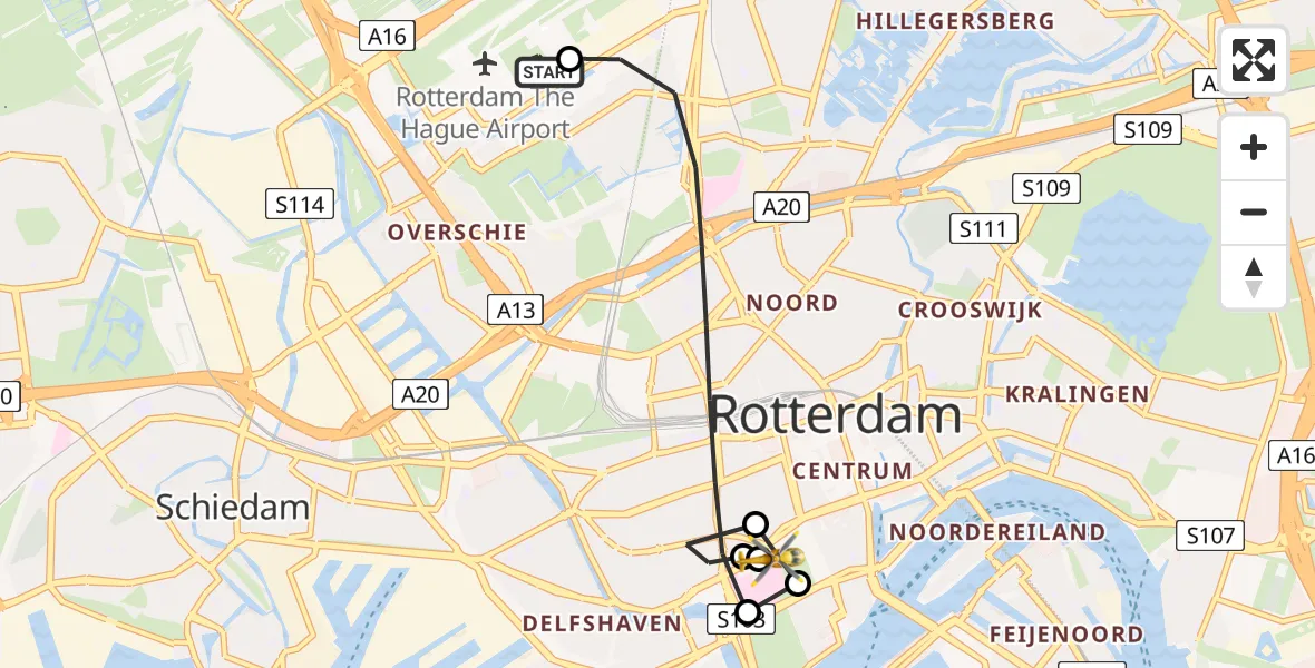 Vluchtroute Traumahelikopter van Rotterdam The Hague Airport naar Erasmus Medisch Centrum Heliport