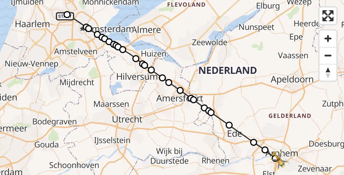 Vluchtroute Traumahelikopter van Amsterdam Heliport naar Arnhem