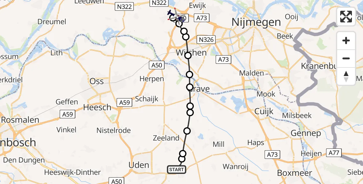 Vluchtroute Politiehelikopter van Vliegbasis Volkel naar Winssen