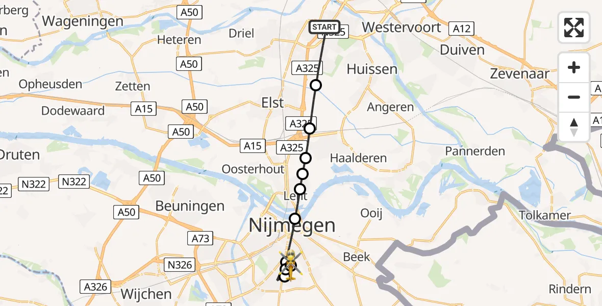 Vluchtroute Traumahelikopter van Arnhem naar Radboud University Medical Center Heliport