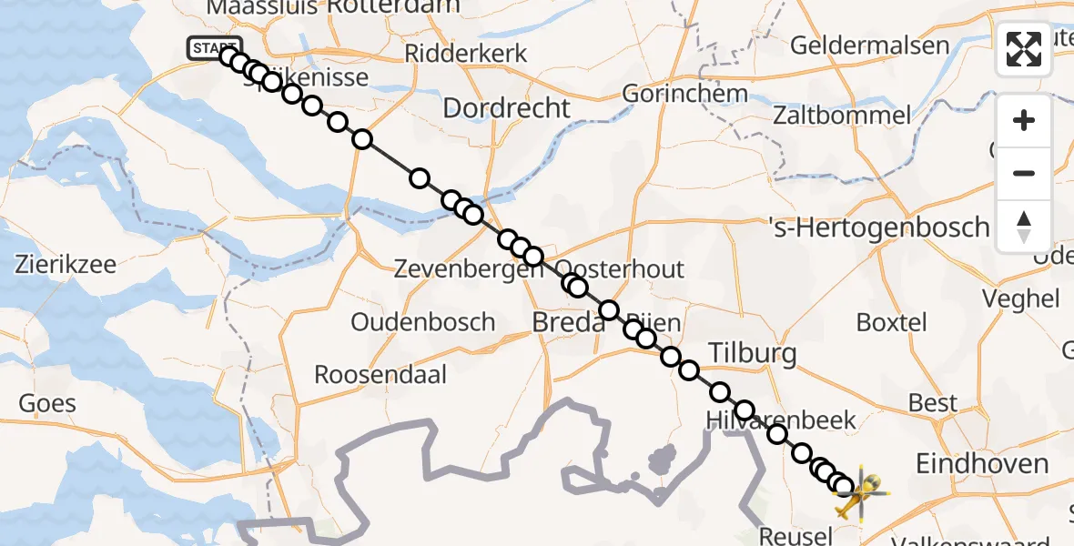 Vluchtroute Traumahelikopter van Vierpolders naar Hoogeloon