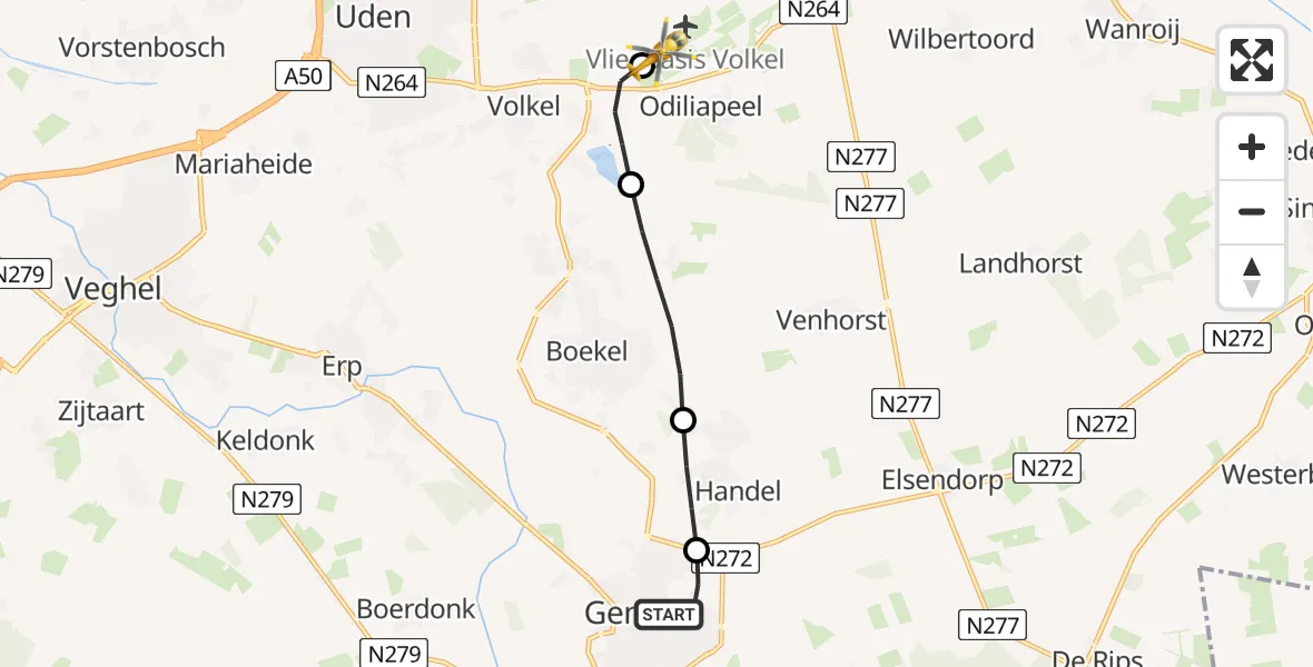 Vluchtroute Traumahelikopter van Gemert naar Vliegbasis Volkel