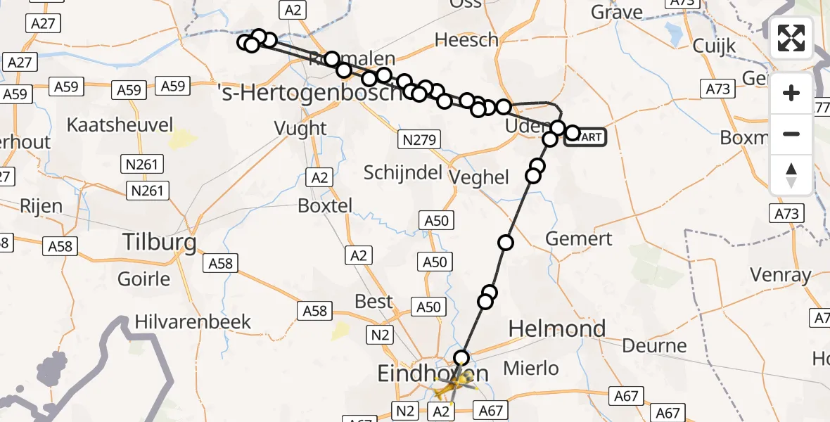 Vluchtroute Traumahelikopter van Vliegbasis Volkel naar Eindhoven
