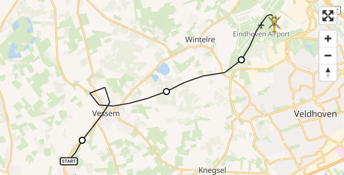 Vluchtroute Traumahelikopter van Hoogeloon naar Eindhoven Airport