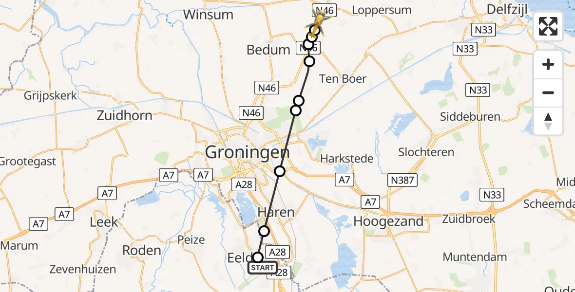 Vluchtroute Traumahelikopter van Groningen Airport Eelde naar Westerwijtwerd