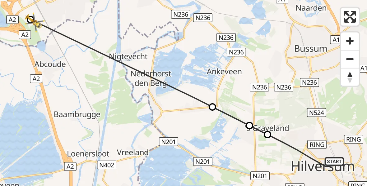 Vluchtroute Traumahelikopter van Hilversum naar Amsterdam UMC Helipad