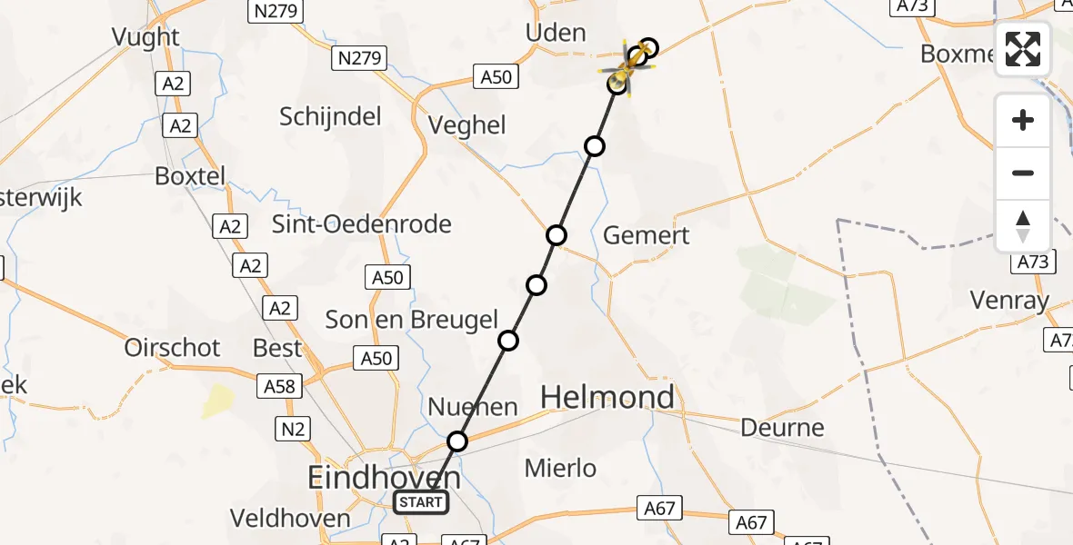 Vluchtroute Traumahelikopter van Eindhoven naar Volkel