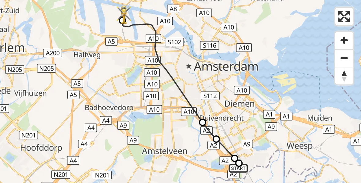 Vluchtroute Traumahelikopter van Amsterdam UMC Helipad naar Amsterdam Heliport