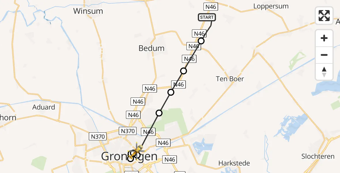 Vluchtroute Traumahelikopter van Stedum naar Universitair Medisch Centrum Groningen