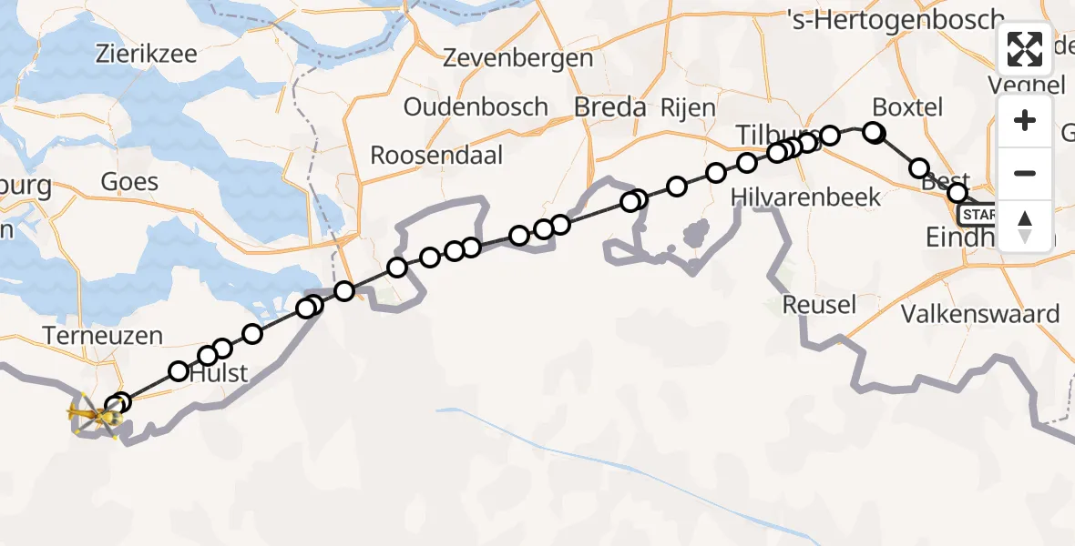 Vluchtroute Traumahelikopter van Eindhoven naar Westdorpe