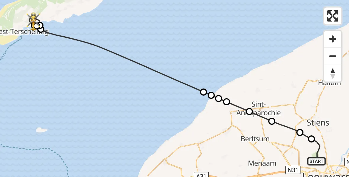 Vluchtroute Ambulancehelikopter van Vliegbasis Leeuwarden naar West-Terschelling