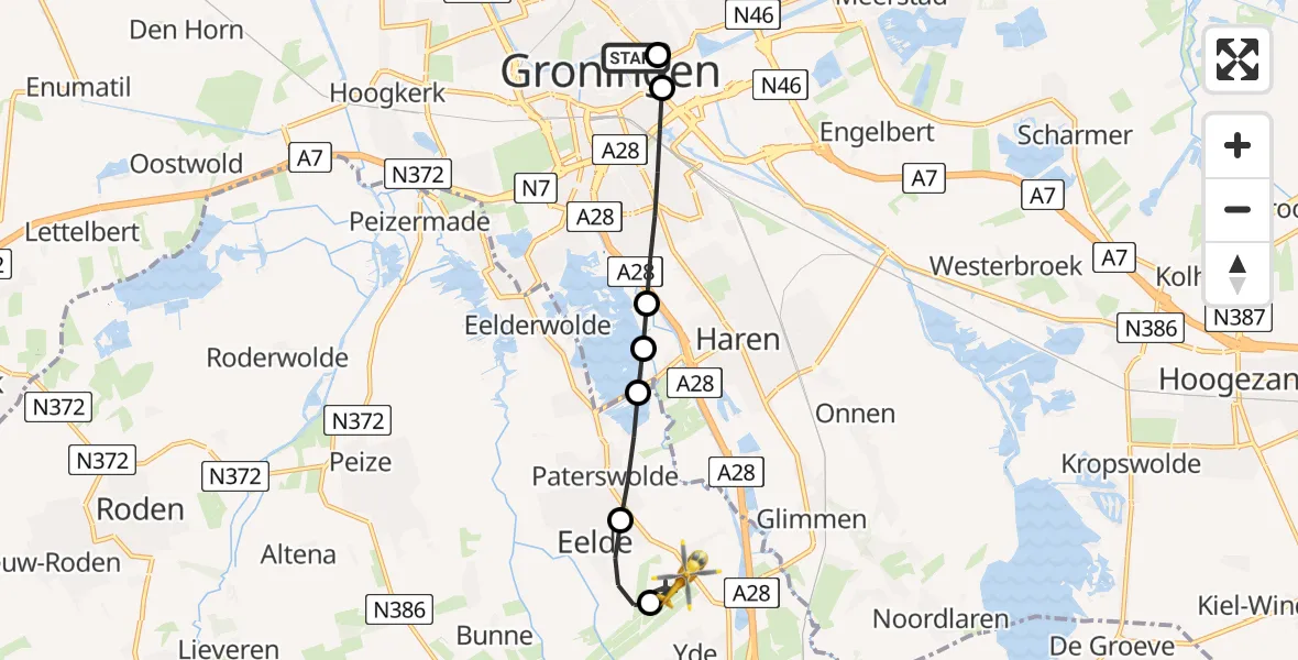 Vluchtroute Traumahelikopter van Universitair Medisch Centrum Groningen naar Groningen Airport Eelde