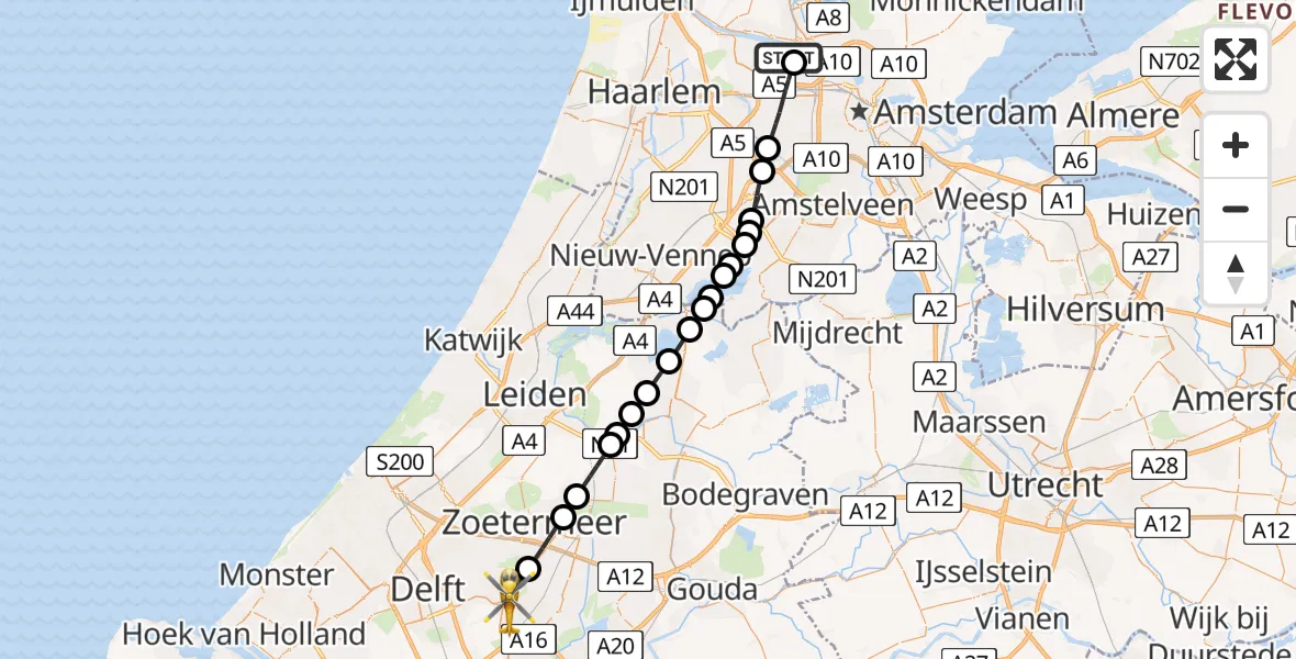 Vluchtroute Traumahelikopter van Amsterdam Heliport naar Berkel en Rodenrijs