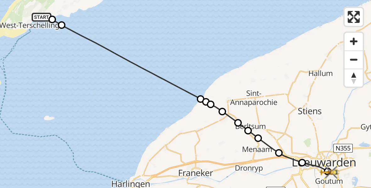 Vluchtroute Ambulancehelikopter van West-Terschelling naar Leeuwarden Medical Center Heliport