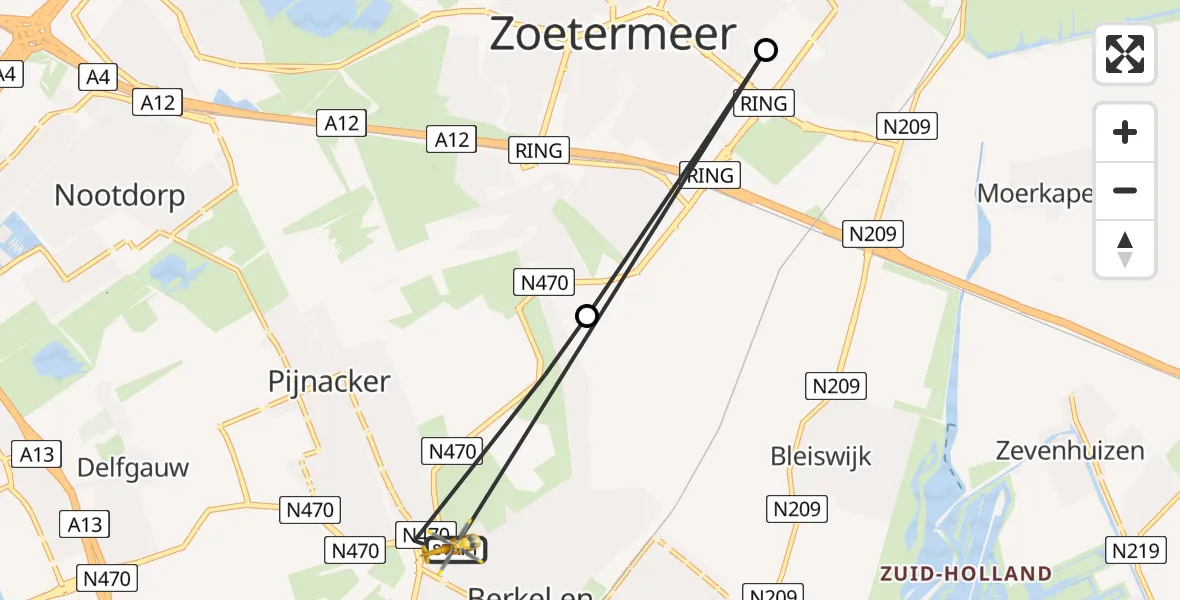 Vluchtroute Traumahelikopter van Berkel en Rodenrijs naar Berkel en Rodenrijs