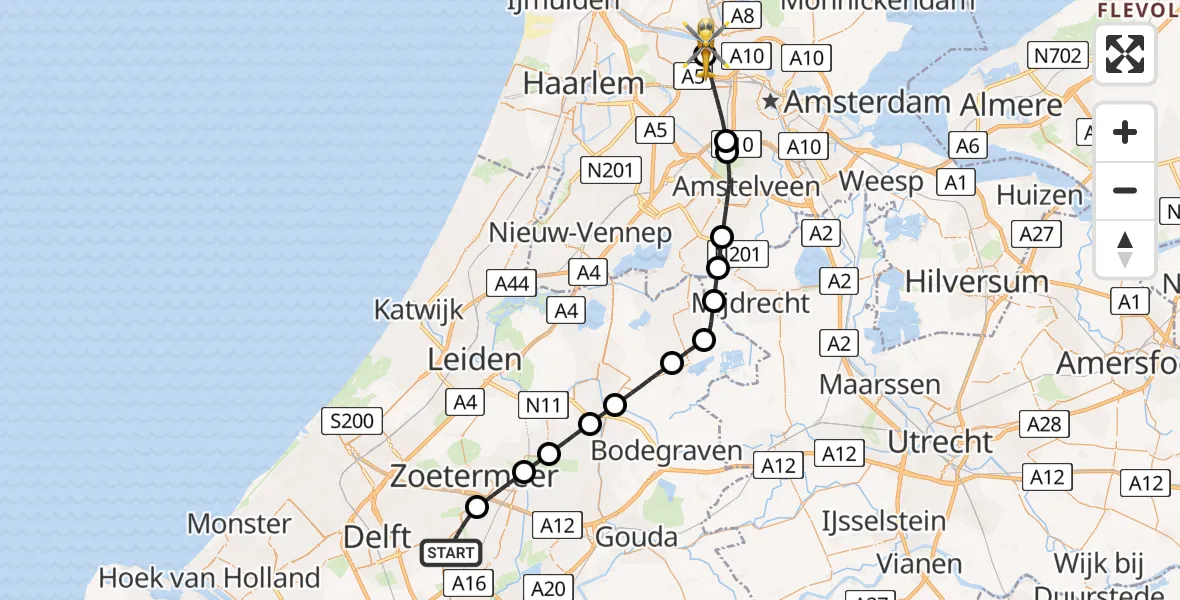 Vluchtroute Traumahelikopter van Berkel en Rodenrijs naar Amsterdam Heliport
