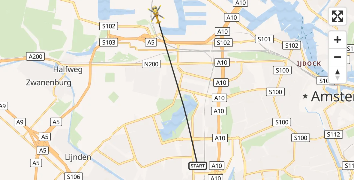Vluchtroute Traumahelikopter van Amsterdam naar Amsterdam