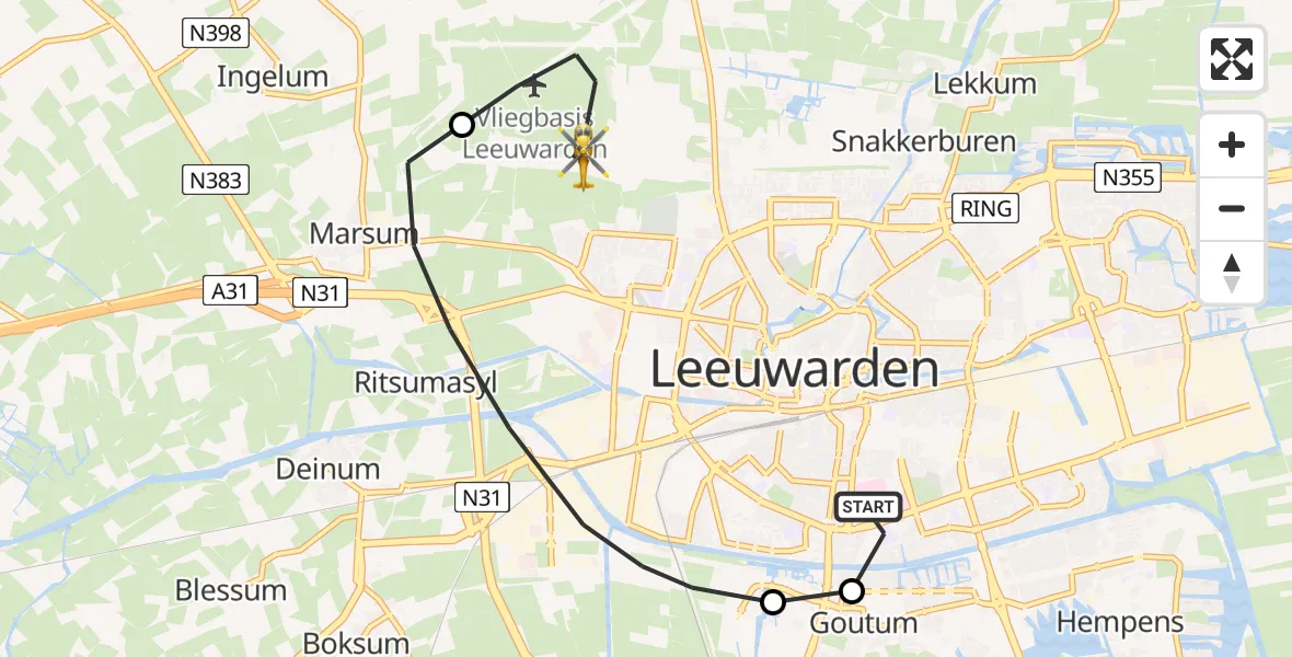 Vluchtroute Ambulancehelikopter van Leeuwarden Medical Center Heliport naar Vliegbasis Leeuwarden