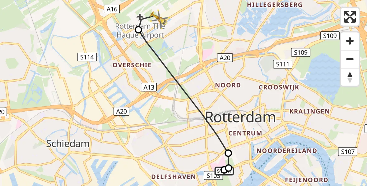 Vluchtroute Traumahelikopter van Erasmus MC naar Rotterdam The Hague Airport