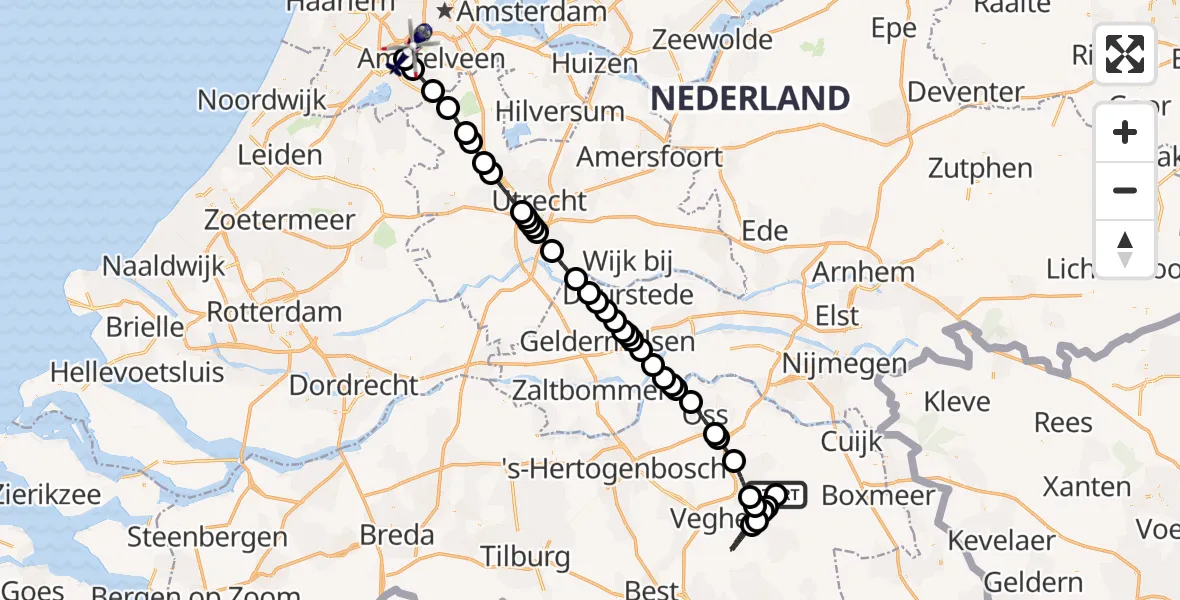 Vluchtroute Politiehelikopter van Vliegbasis Volkel naar Amsterdam Vliegveld Schiphol
