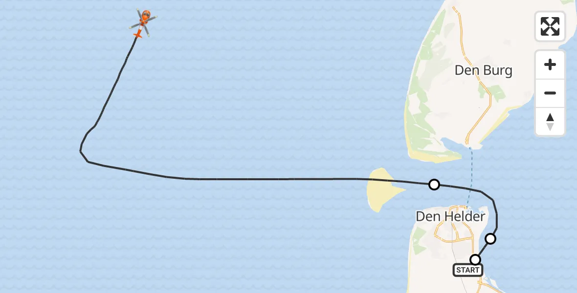 Vluchtroute Kustwachthelikopter van Militair vliegveld De Kooy / Den Helder Airport naar Noordzee