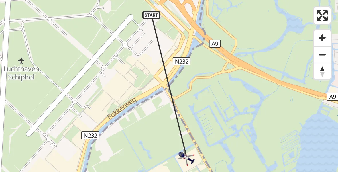 Vluchtroute Politiehelikopter van Amsterdam Vliegveld Schiphol naar Aalsmeer