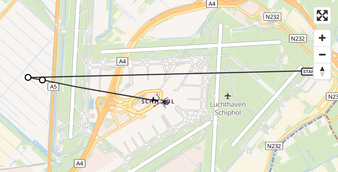Vluchtroute Politiehelikopter van Amsterdam Vliegveld Schiphol naar Amsterdam Vliegveld Schiphol