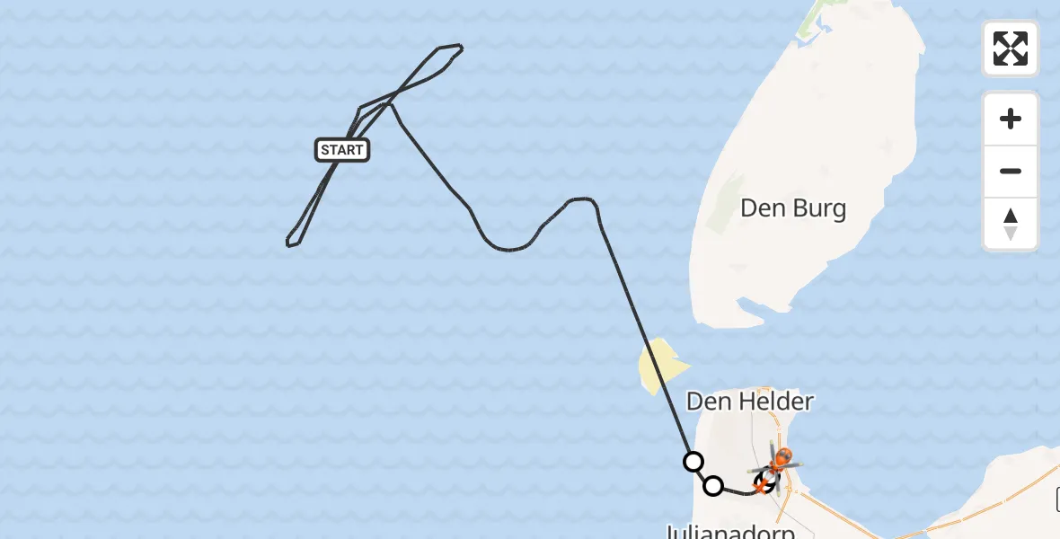Vluchtroute Kustwachthelikopter van Noordzee naar Militair vliegveld De Kooy / Den Helder Airport