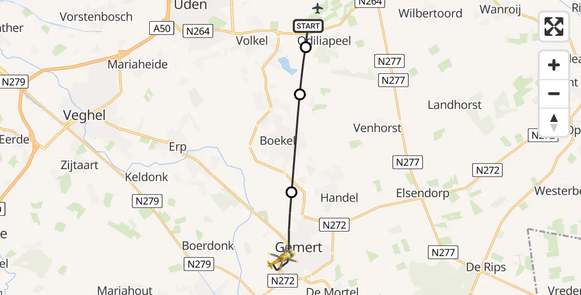 Vluchtroute Traumahelikopter van Vliegbasis Volkel naar Gemert