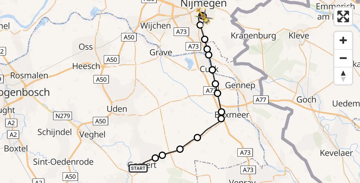 Vluchtroute Traumahelikopter van Gemert naar Radboud University Medical Center Heliport