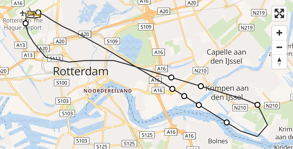 Vluchtroute Traumahelikopter van Rotterdam The Hague Airport naar Rotterdam The Hague Airport