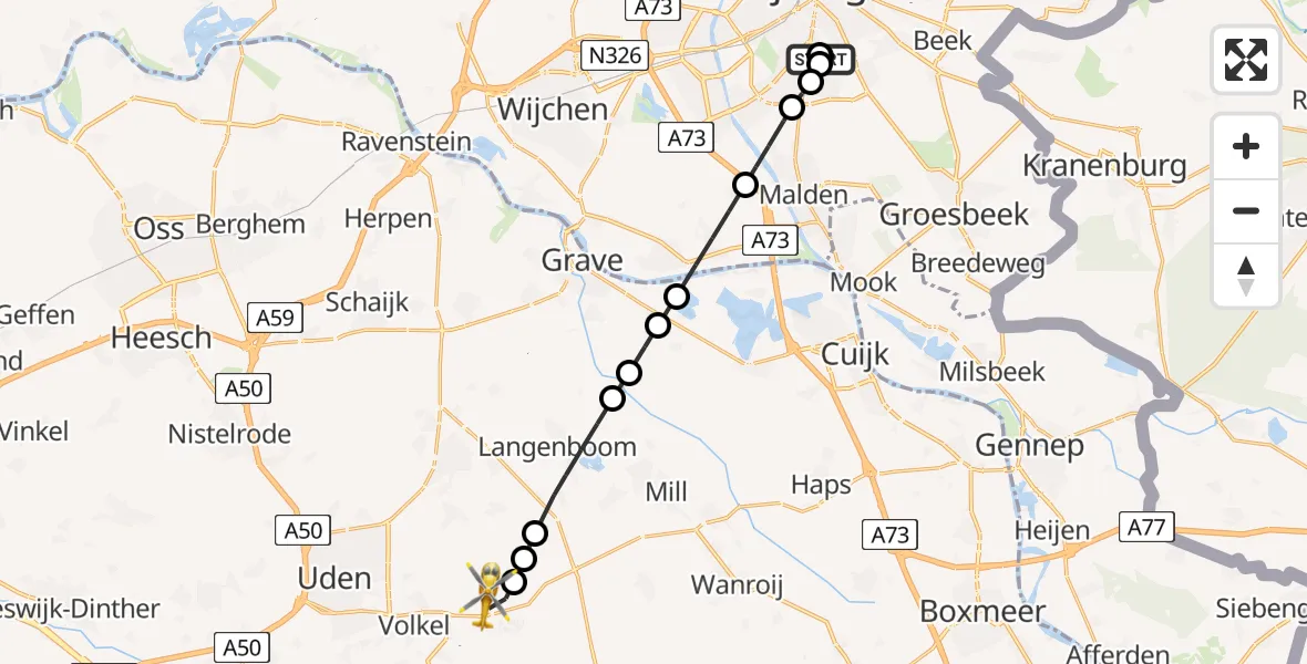 Vluchtroute Traumahelikopter van Radboud Universitair Medisch Centrum naar Vliegbasis Volkel
