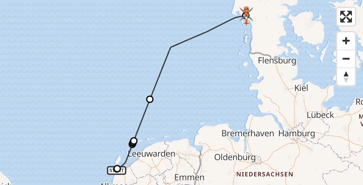 Vluchtroute Kustwachthelikopter van Militair vliegveld De Kooy / Den Helder Airport naar Esbjerg Airport