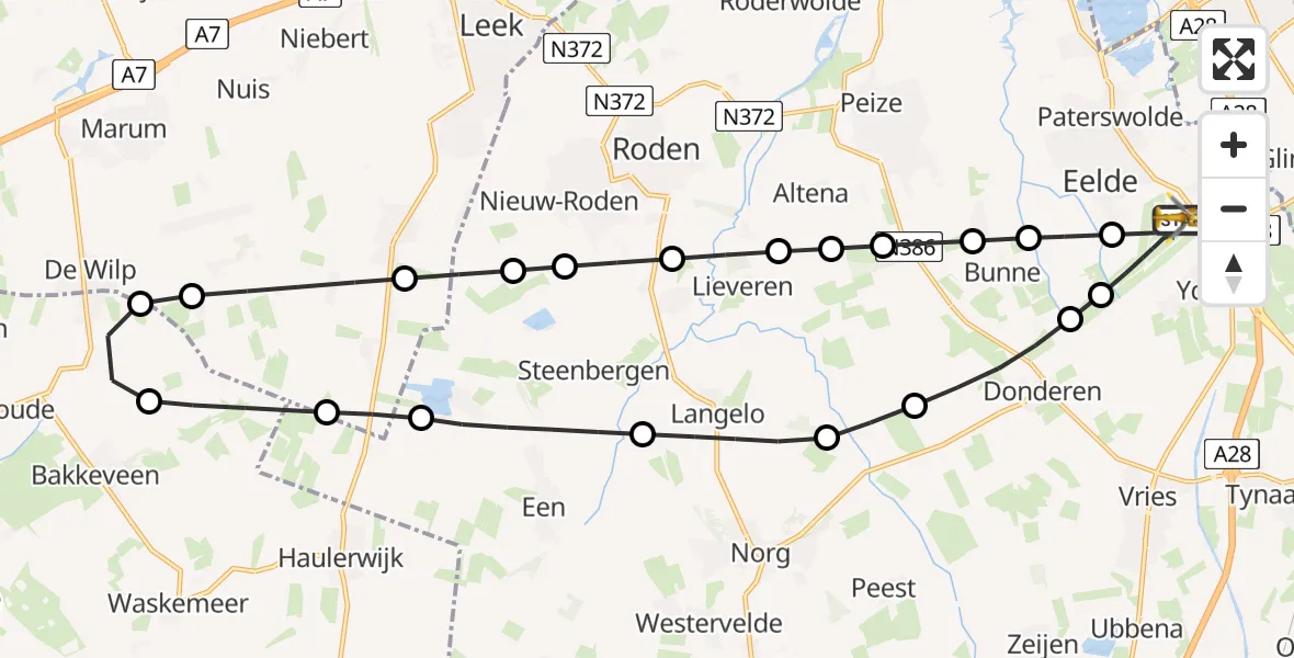 Vluchtroute Traumahelikopter van Groningen Airport Eelde naar Groningen Airport Eelde